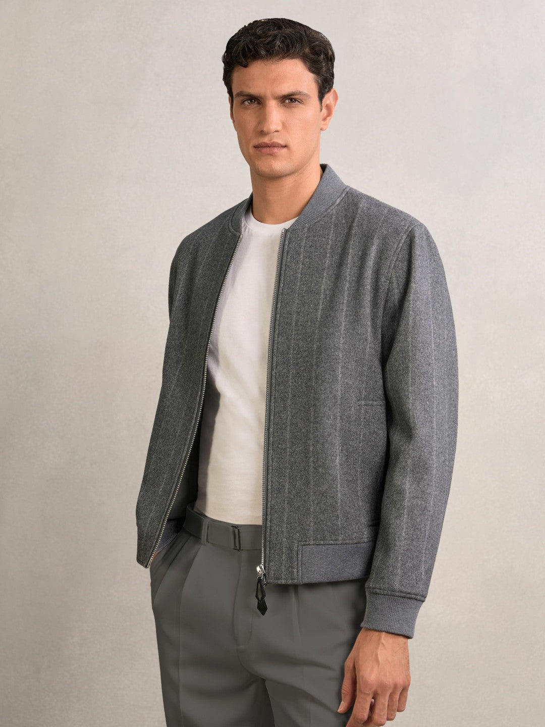 Reiss Wool-Blend Chalk-Stripe Bomber Jacket in Grey