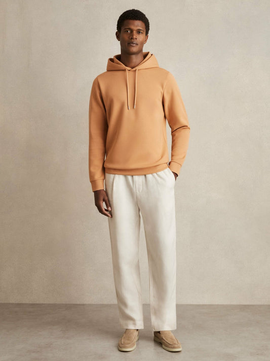 Reiss Interlock Jersey Drawstring Hoodie in Light Camel Brown