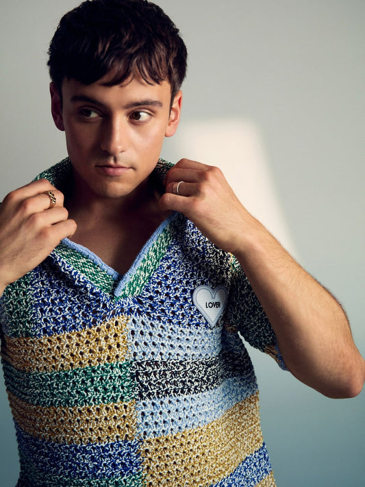 Reiss | Tom Daley Crochet Polo Shirt in Yellow/Green/Blue Multi