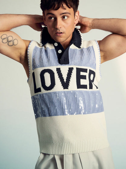 Reiss | Tom Daley Stripe Polo Vest in Soft Blue