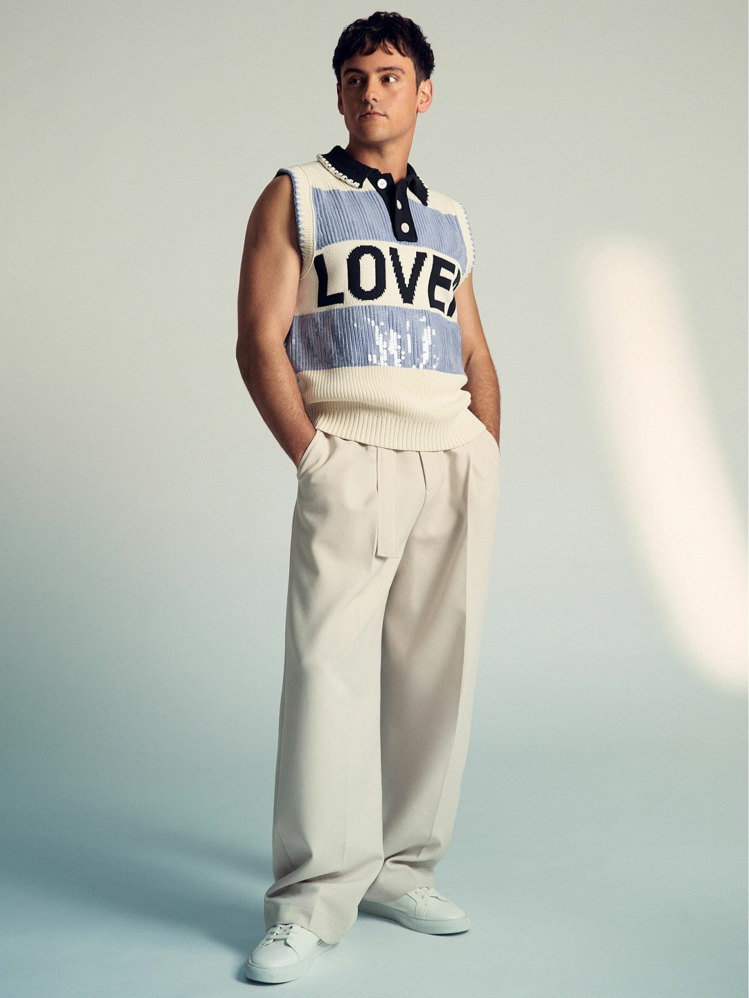 Reiss | Tom Daley Stripe Polo Vest in Soft Blue