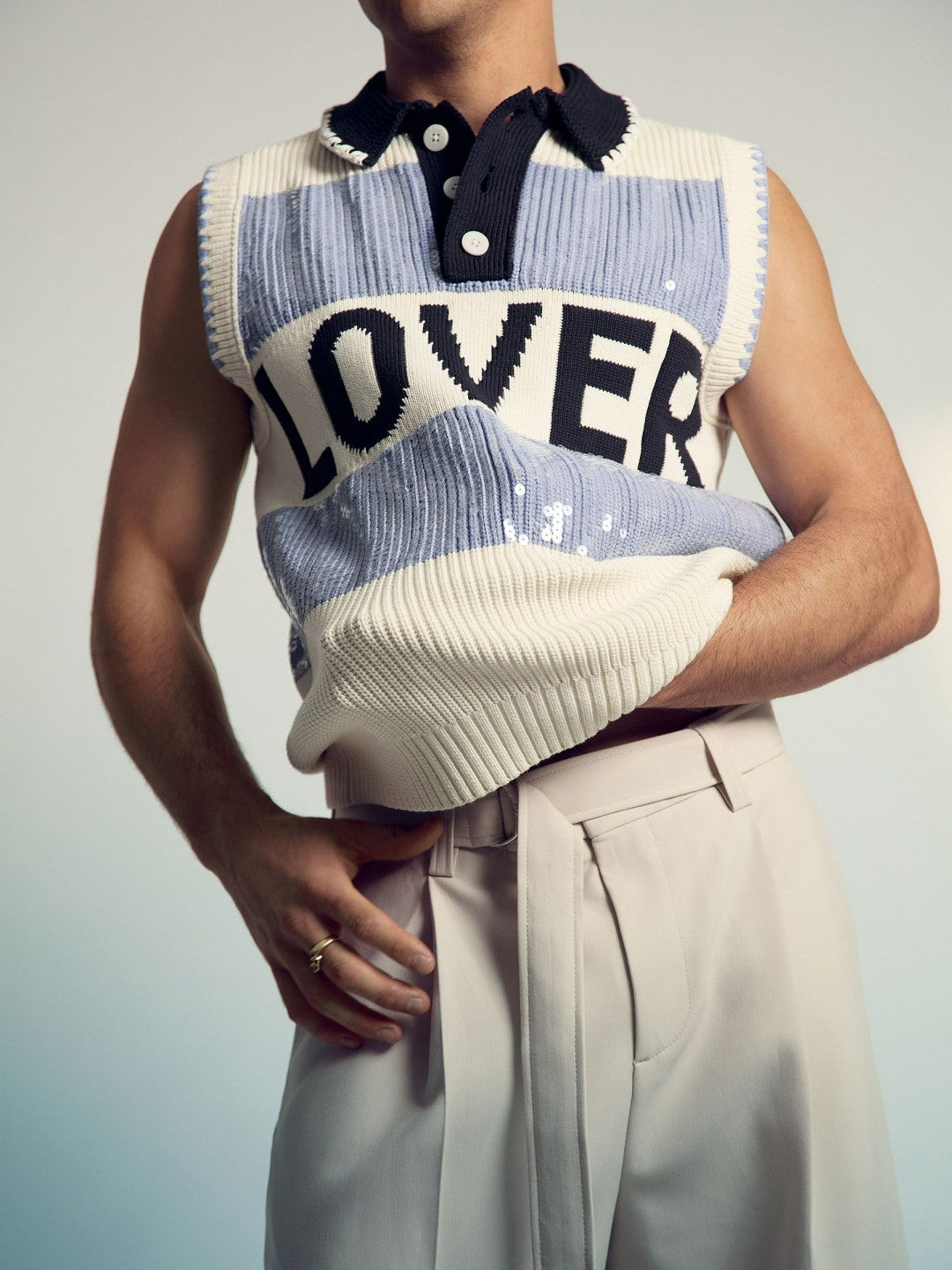 Reiss | Tom Daley Stripe Polo Vest in Soft Blue