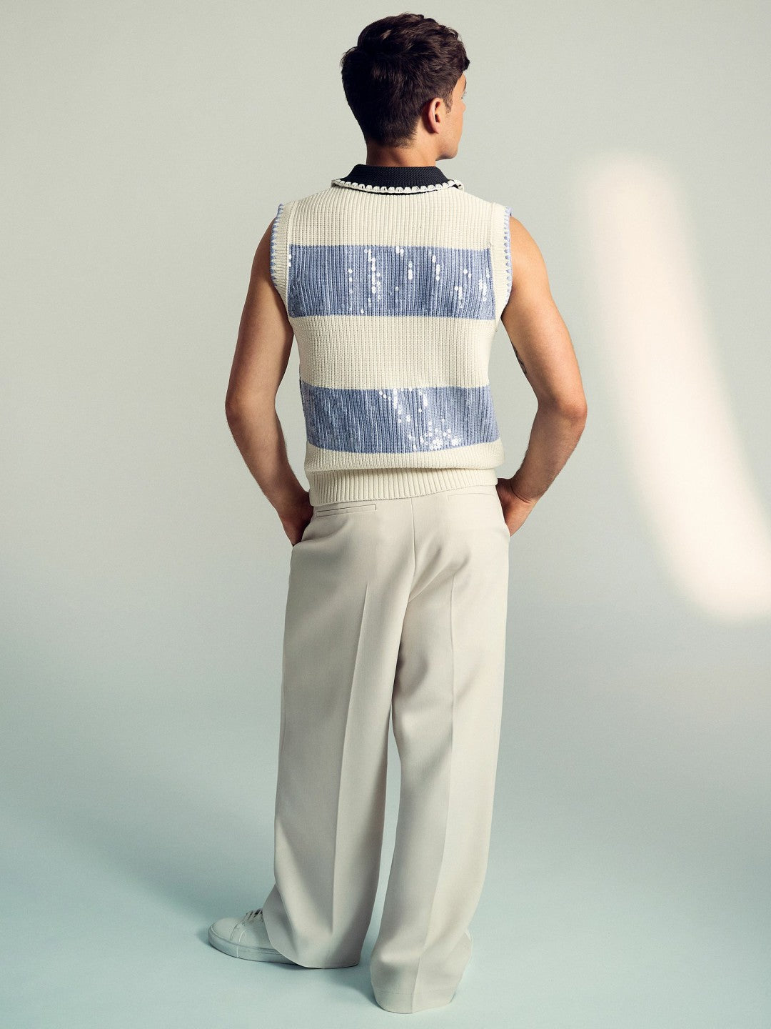 Reiss | Tom Daley Stripe Polo Vest in Soft Blue