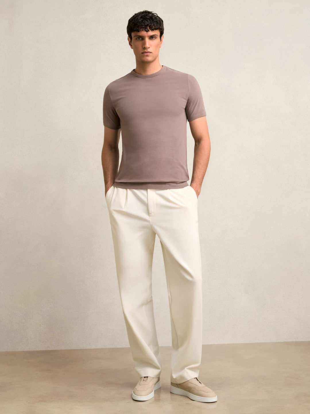 Reiss Stretch-Cotton Crew-Neck T-Shirt in Taupe Brown