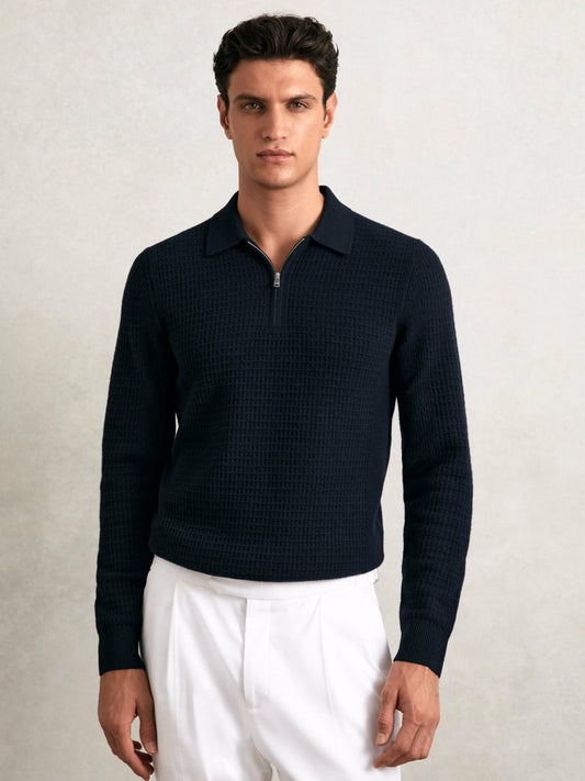 Reiss Wool Waffle-Knit Half-Zip Polo Shirt in Navy