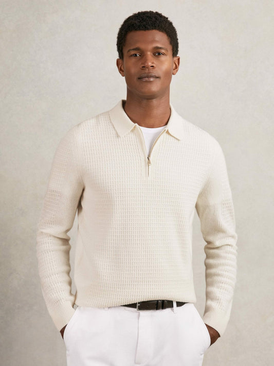 Reiss Wool Waffle-Knit Half-Zip Polo Shirt in Off White