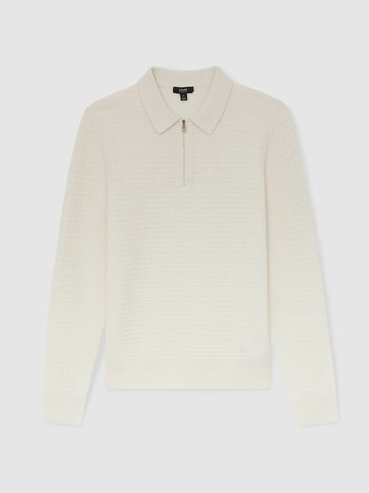 Reiss Wool Waffle-Knit Half-Zip Polo Shirt in Off White