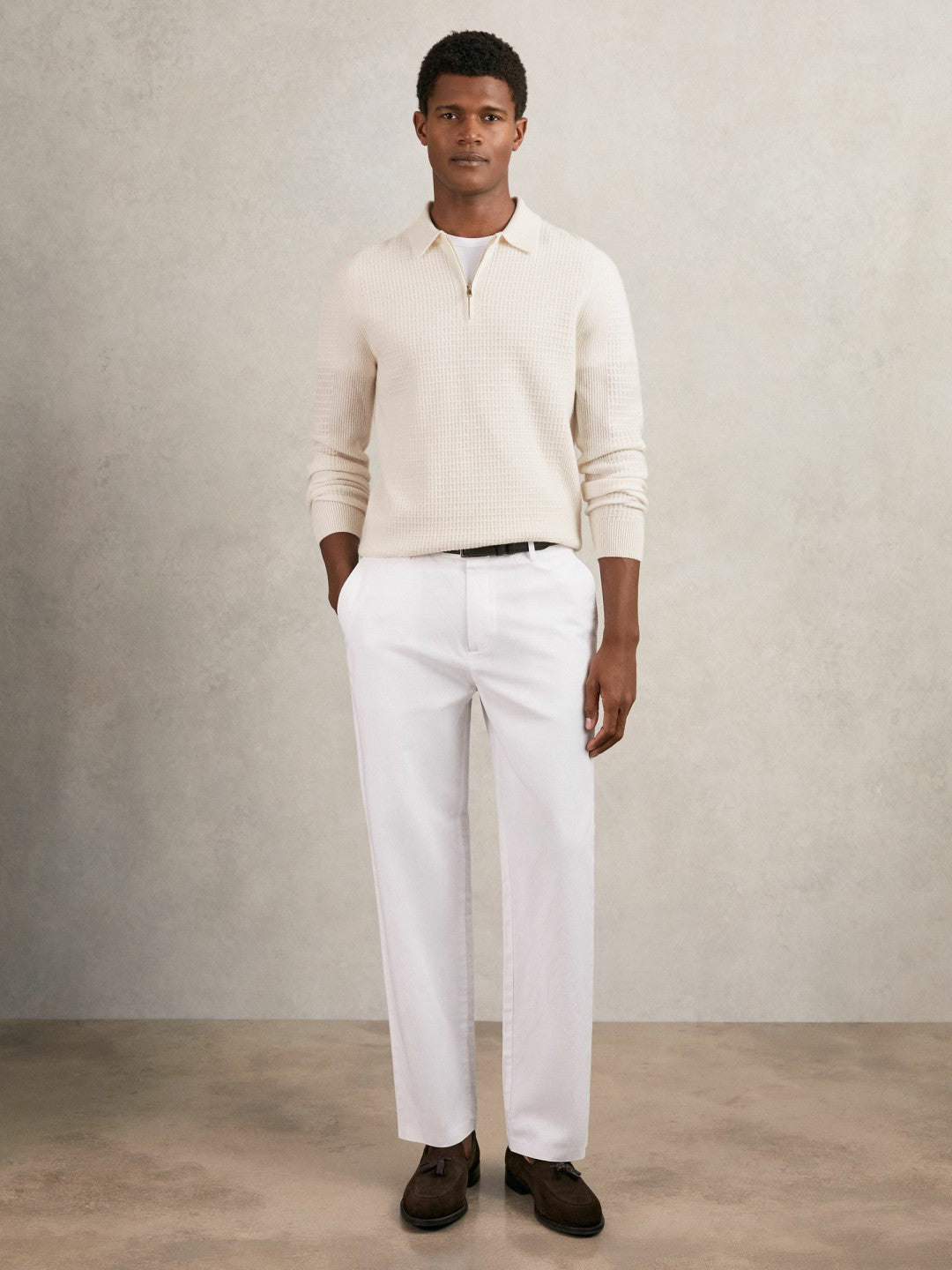Reiss Wool Waffle-Knit Half-Zip Polo Shirt in Off White
