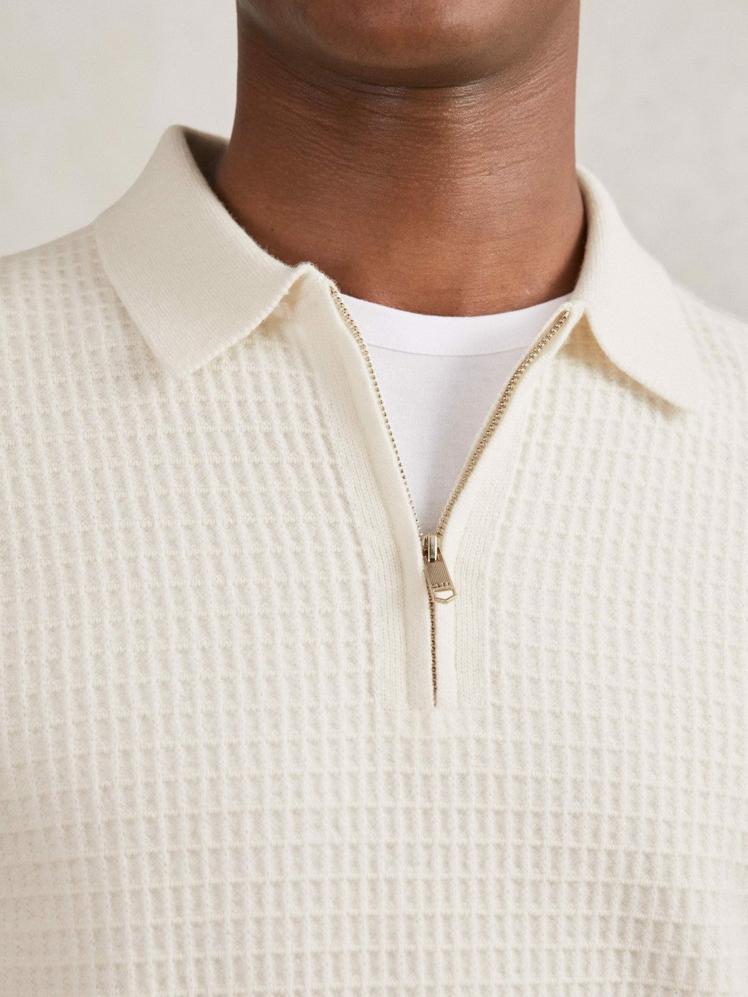 Reiss Wool Waffle-Knit Half-Zip Polo Shirt in Off White