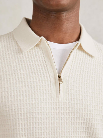 Reiss Wool Waffle-Knit Half-Zip Polo Shirt in Off White