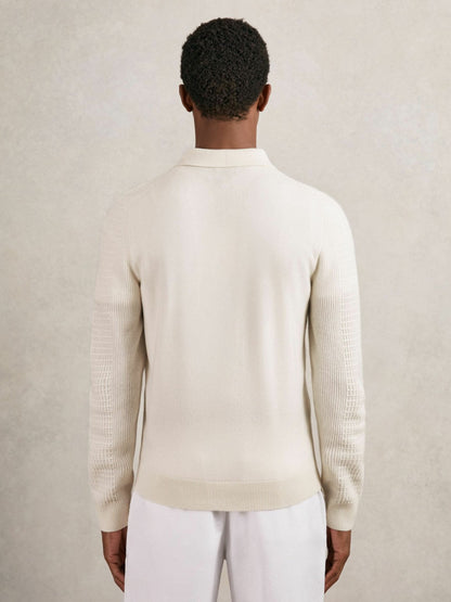 Reiss Wool Waffle-Knit Half-Zip Polo Shirt in Off White