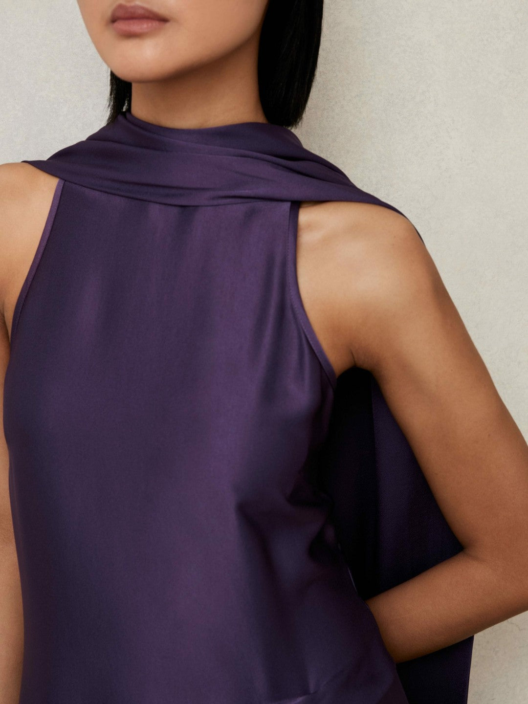 Reiss Petite Satin Tuck-Detail Cape Midi Dress in Purple