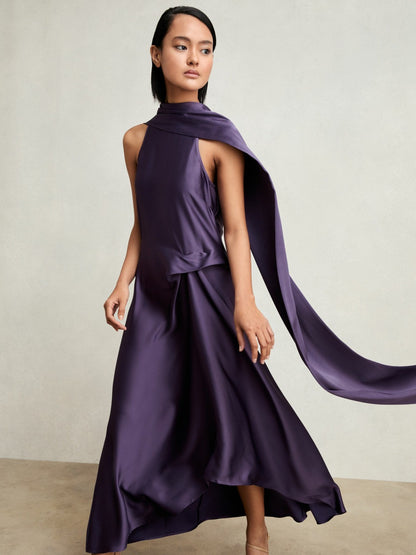 Reiss Petite Satin Tuck-Detail Cape Midi Dress in Purple