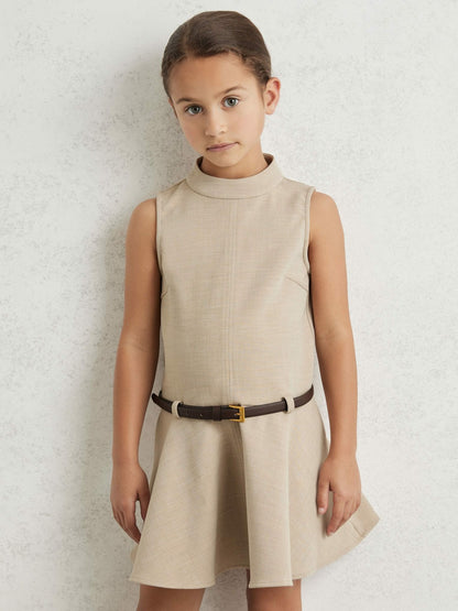Reiss 13-14 yrs Drop Waist Belted Sleeveless Dress in Neutral