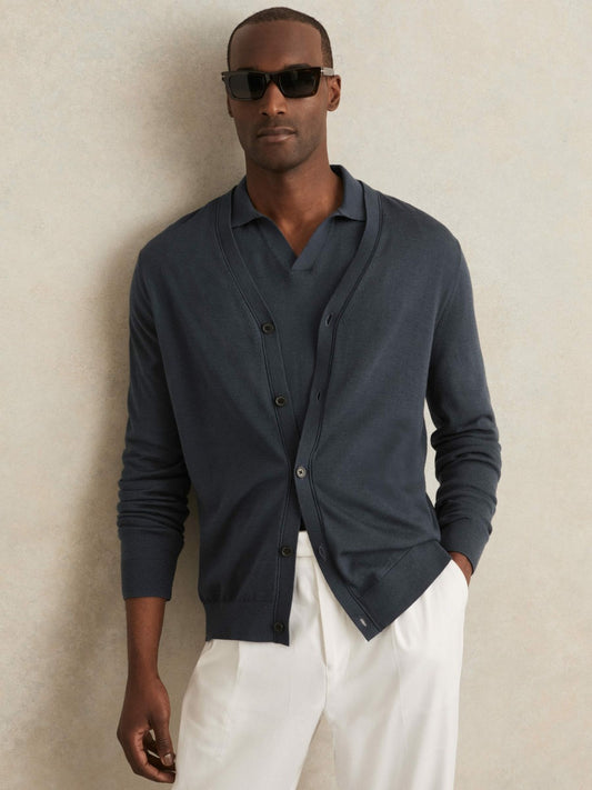 Reiss Merino Wool Button-Through Cardigan in Midnight Navy