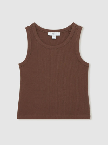 Reiss 3-9 yrs Stretch-Cotton Ribbed Vest in Chocolate
