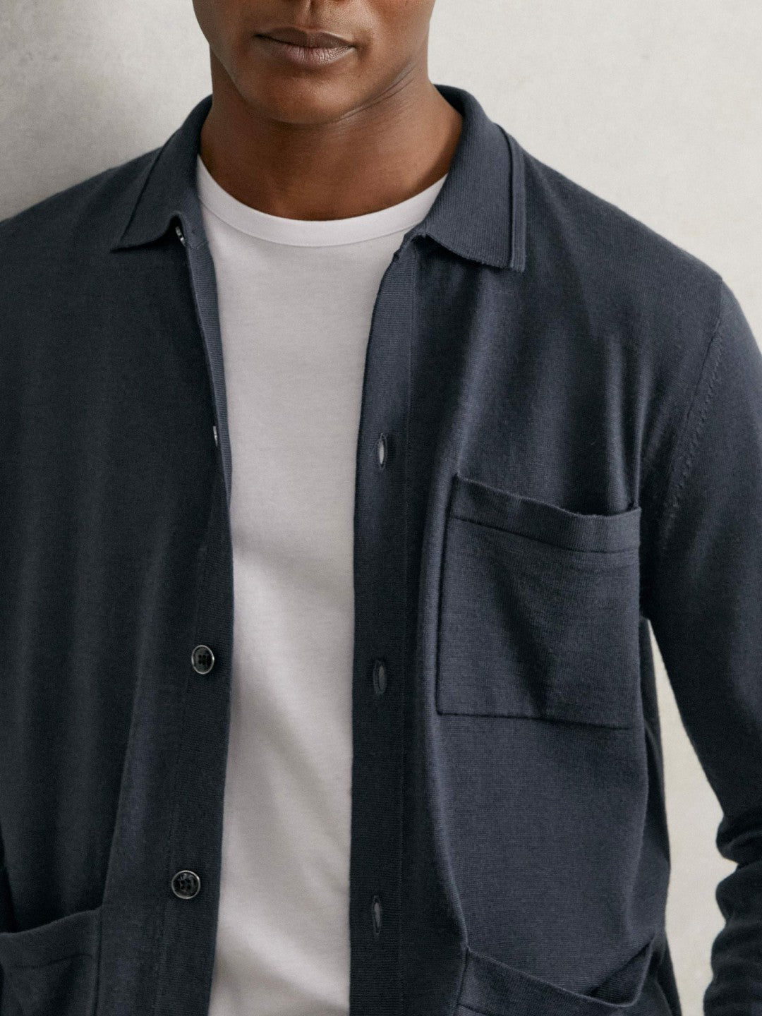 Reiss Merino Wool Button-Through Shirt in Midnight Navy