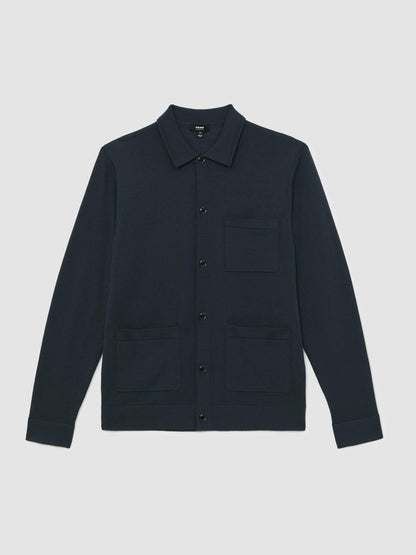 Reiss Merino Wool Button-Through Shirt in Midnight Navy