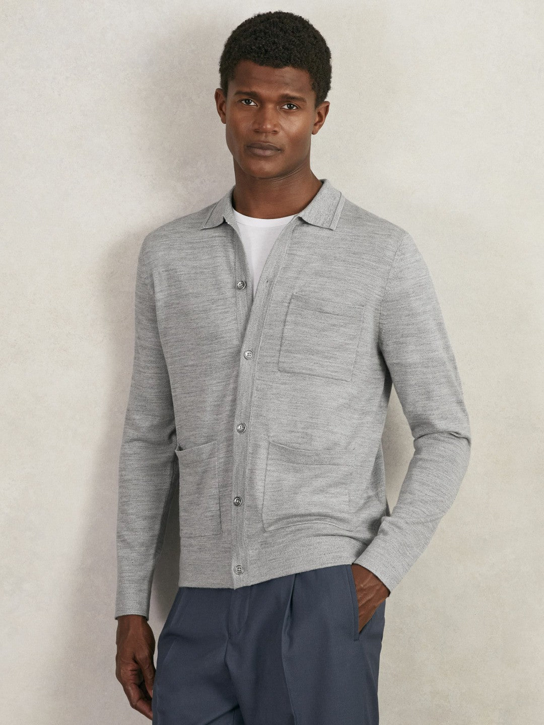 Reiss Merino Wool Button-Through Shirt in Soft Grey Mouline