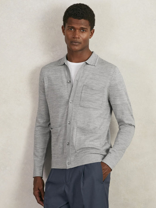 Reiss Merino Wool Button-Through Shirt in Soft Grey Mouline