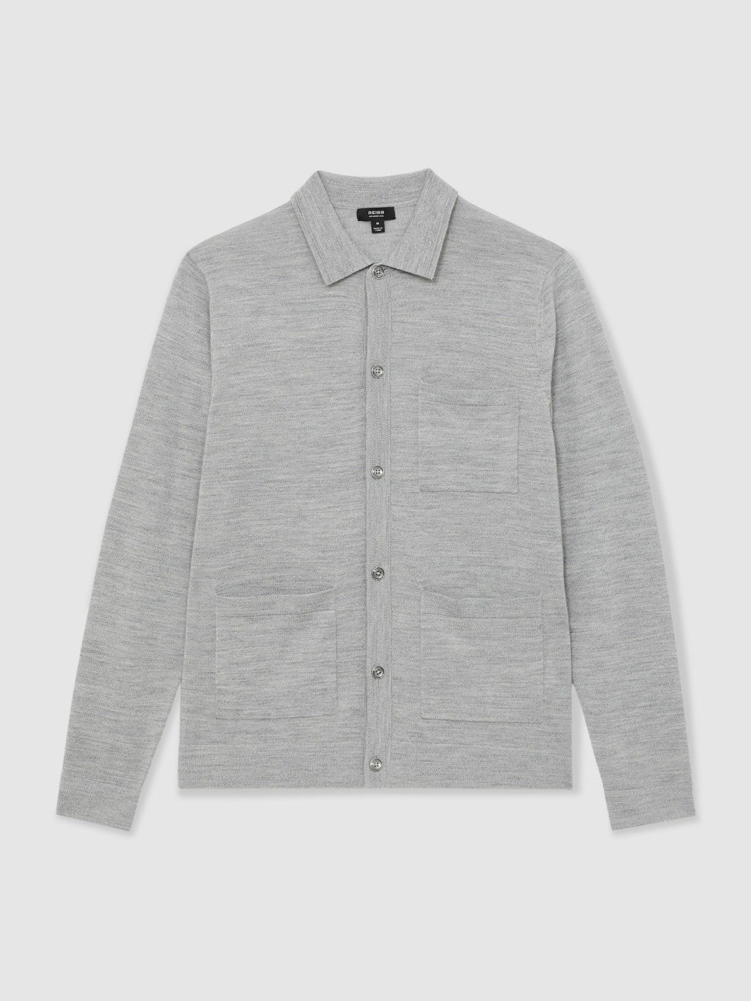Reiss Merino Wool Button-Through Shirt in Soft Grey Mouline