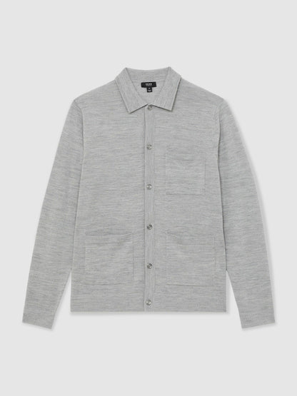 Reiss Merino Wool Button-Through Shirt in Soft Grey Mouline