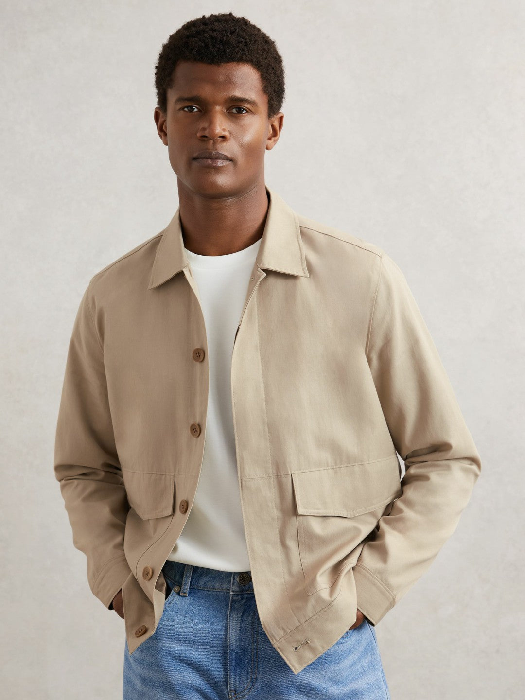Reiss Paige Flap Pocket Worker Jacket in Beige