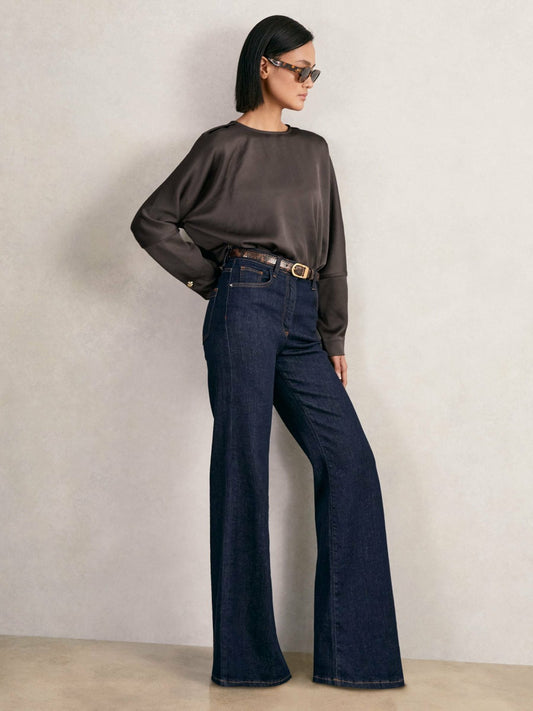 Reiss Satin Button-Back Long-Sleeve Top in Mauve