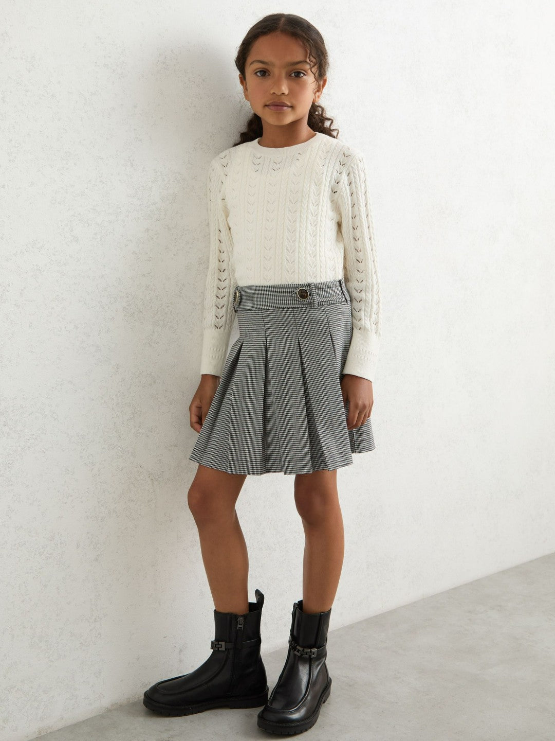Reiss Houndstooth-Check Pleated Skirt in Black/White