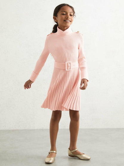 Reiss 9-13 yrs Rib-Knit Roll-Neck Belted Dress in Pink