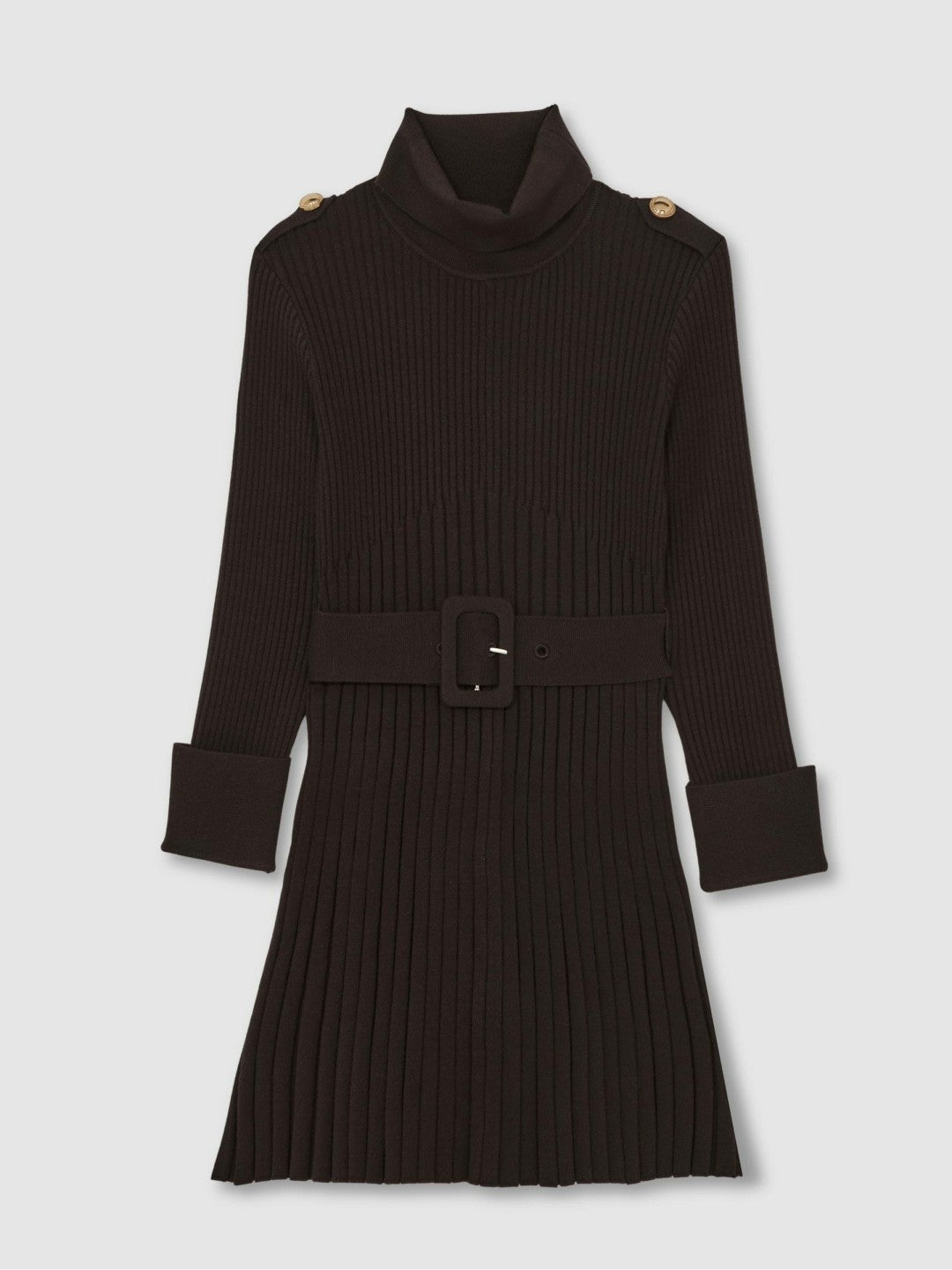 Reiss 13-14 yrs Rib-Knit Roll-Neck Belted Dress in Chocolate