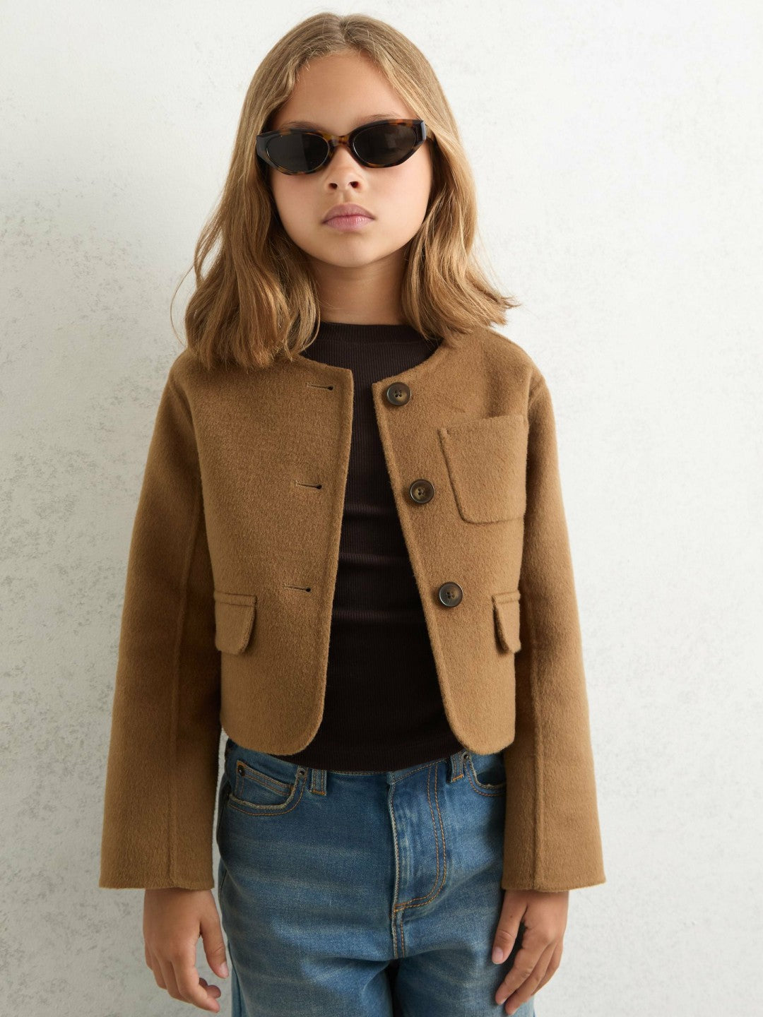 Reiss 13-14 yrs Wool-Blend Cropped Collarless Jacket in Camel