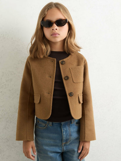 Reiss 13-14 yrs Wool-Blend Cropped Collarless Jacket in Camel