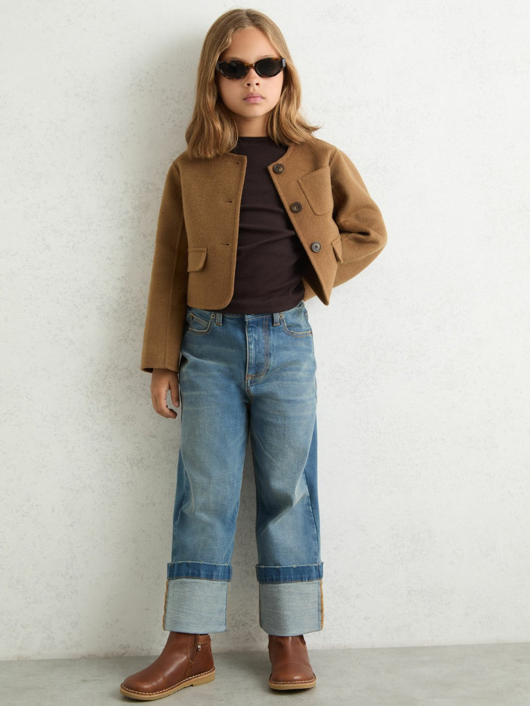 Reiss 13-14 yrs Wool-Blend Cropped Collarless Jacket in Camel