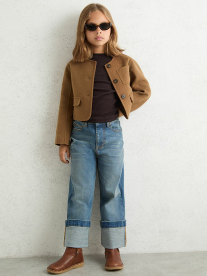 Reiss 13-14 yrs Wool-Blend Cropped Collarless Jacket in Camel