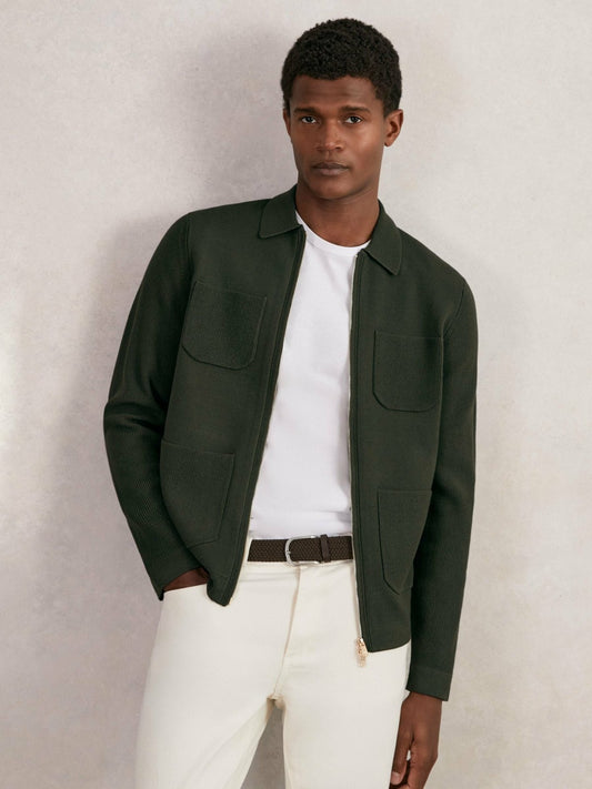Reiss Four-Pocket Zip-Through Cardigan in Forest Green