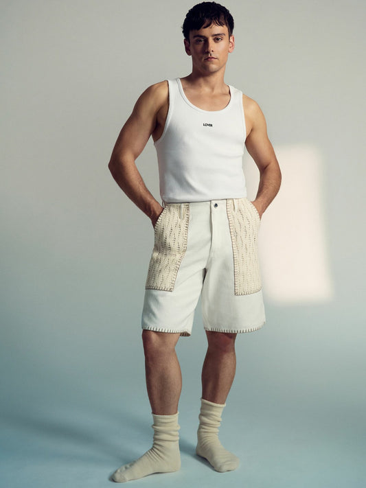 Reiss | Tom Daley Crochet Denim Shorts in Off White