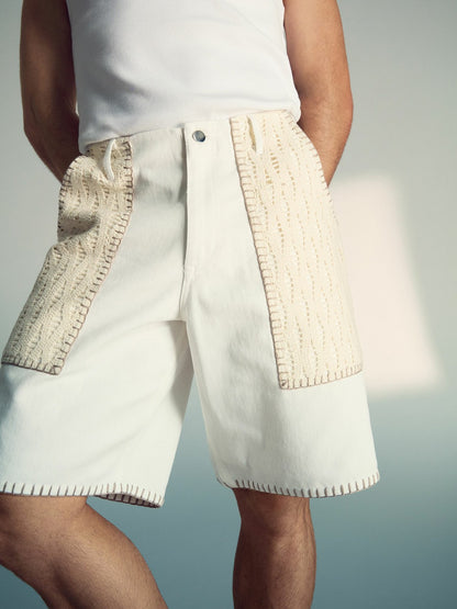 Reiss | Tom Daley Crochet Denim Shorts in Off White