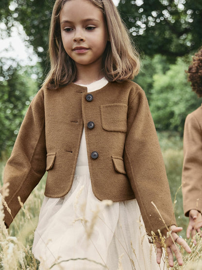 Reiss 9-13 yrs Wool-Blend Cropped Collarless Jacket in Camel