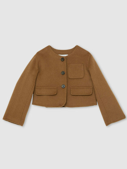 Reiss 3-9 yrs Wool-Blend Cropped Collarless Jacket in Camel