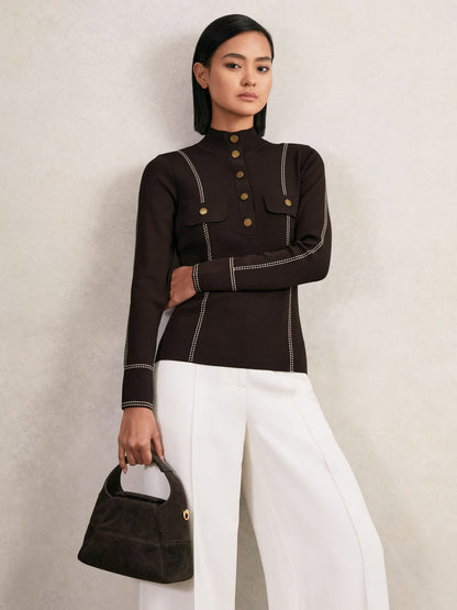 Reiss Contrast-Stitch Knit Top in Burgundy