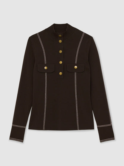 Reiss Contrast-Stitch Knit Top in Burgundy