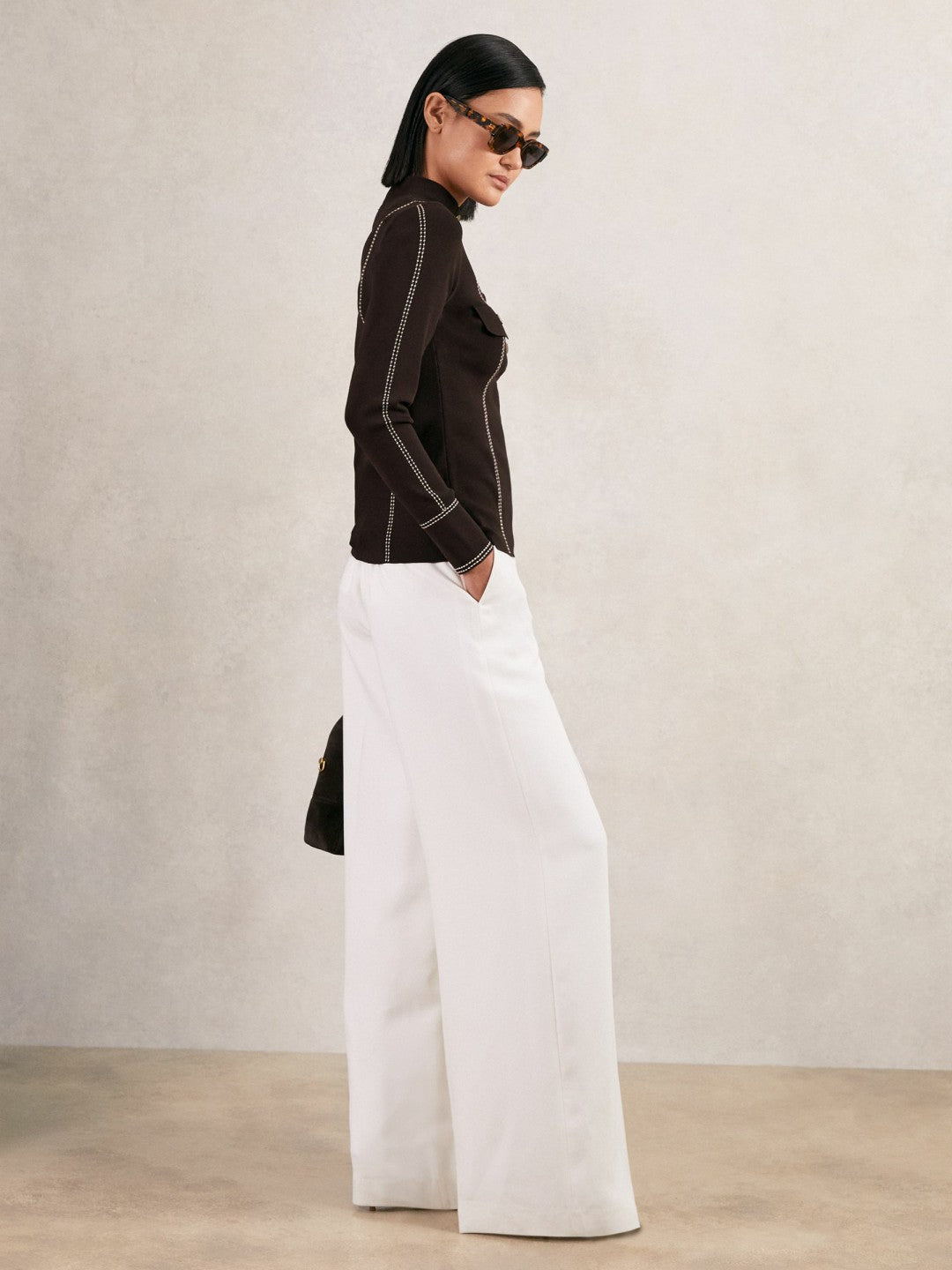 Reiss Contrast-Stitch Knit Top in Burgundy