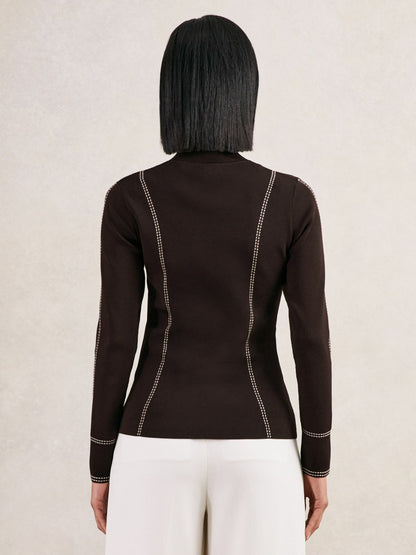 Reiss Contrast-Stitch Knit Top in Burgundy