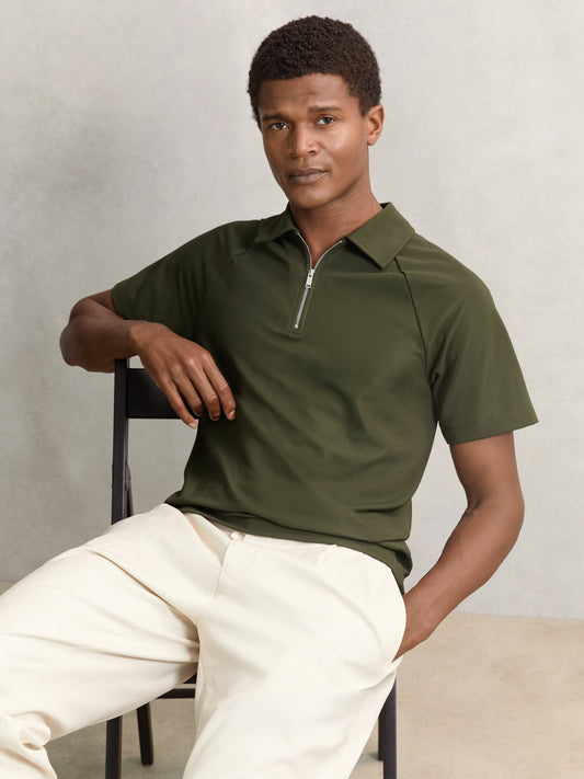 Reiss Textured Raglan Half-Zip Polo Shirt in Green