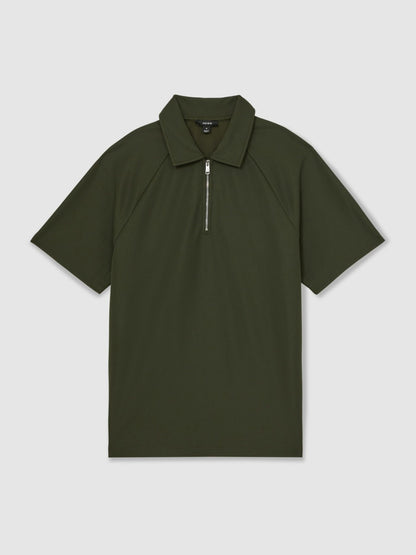 Reiss Textured Raglan Half-Zip Polo Shirt in Green