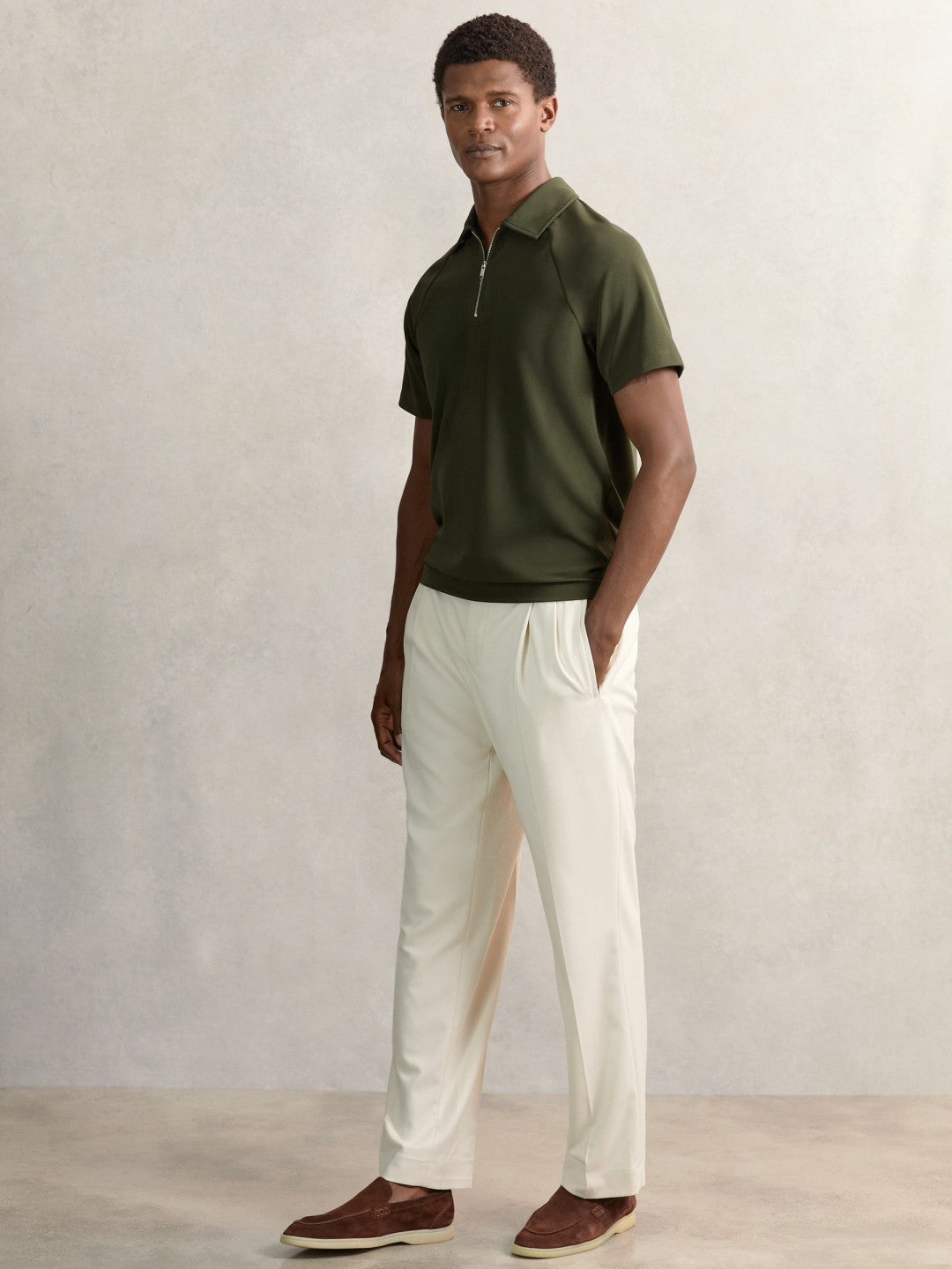 Reiss Textured Raglan Half-Zip Polo Shirt in Green