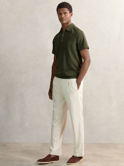 Reiss Textured Raglan Half-Zip Polo Shirt in Green