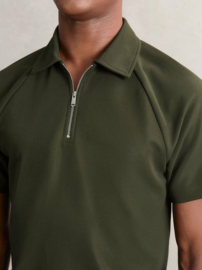 Reiss Textured Raglan Half-Zip Polo Shirt in Green