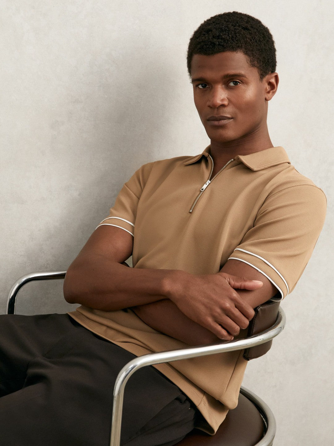 Reiss Textured Half-Zip Tipped Polo Shirt in Camel